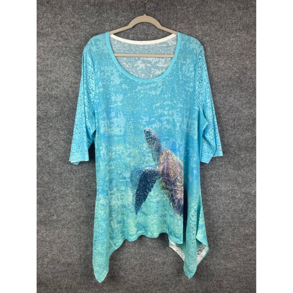 Sea Turtle Tunic Women‎ XL Turquoise Excellent Lace Sharkbite Hem Rhinestone